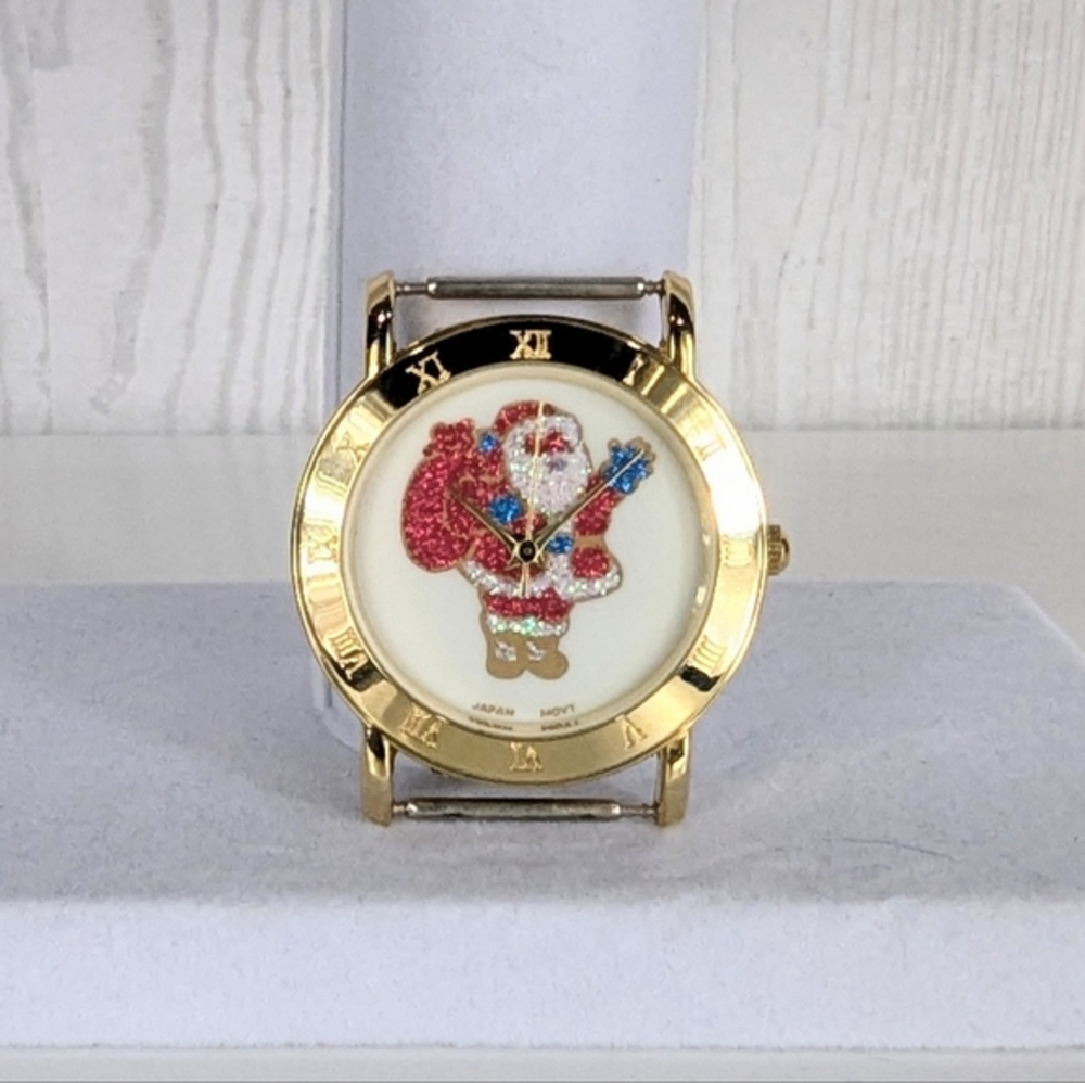 Santa Watch Needs Band In Working Order New Battery Gold Tone w/ Glitter Design